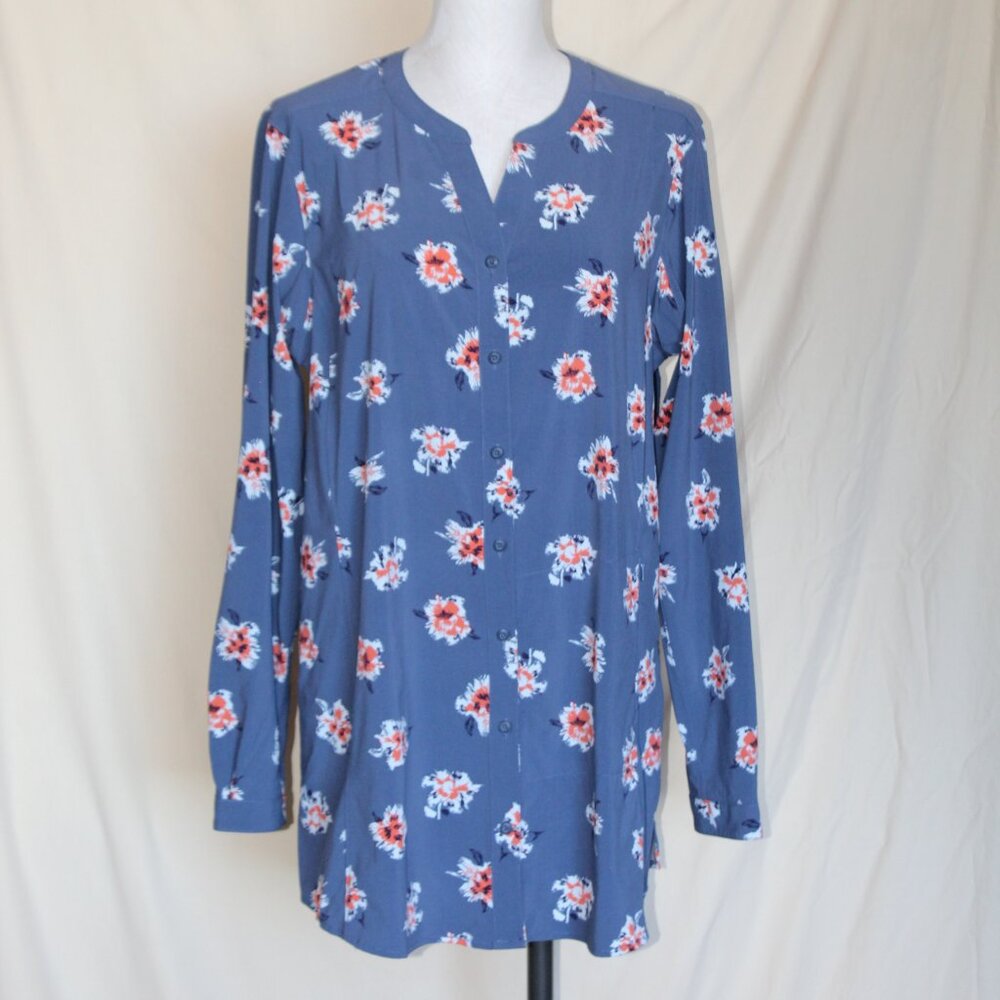 DULUTH TRADING CO Blue/Gray Orange Floral Vented Roll Tab Sleeve Hiking Shirt